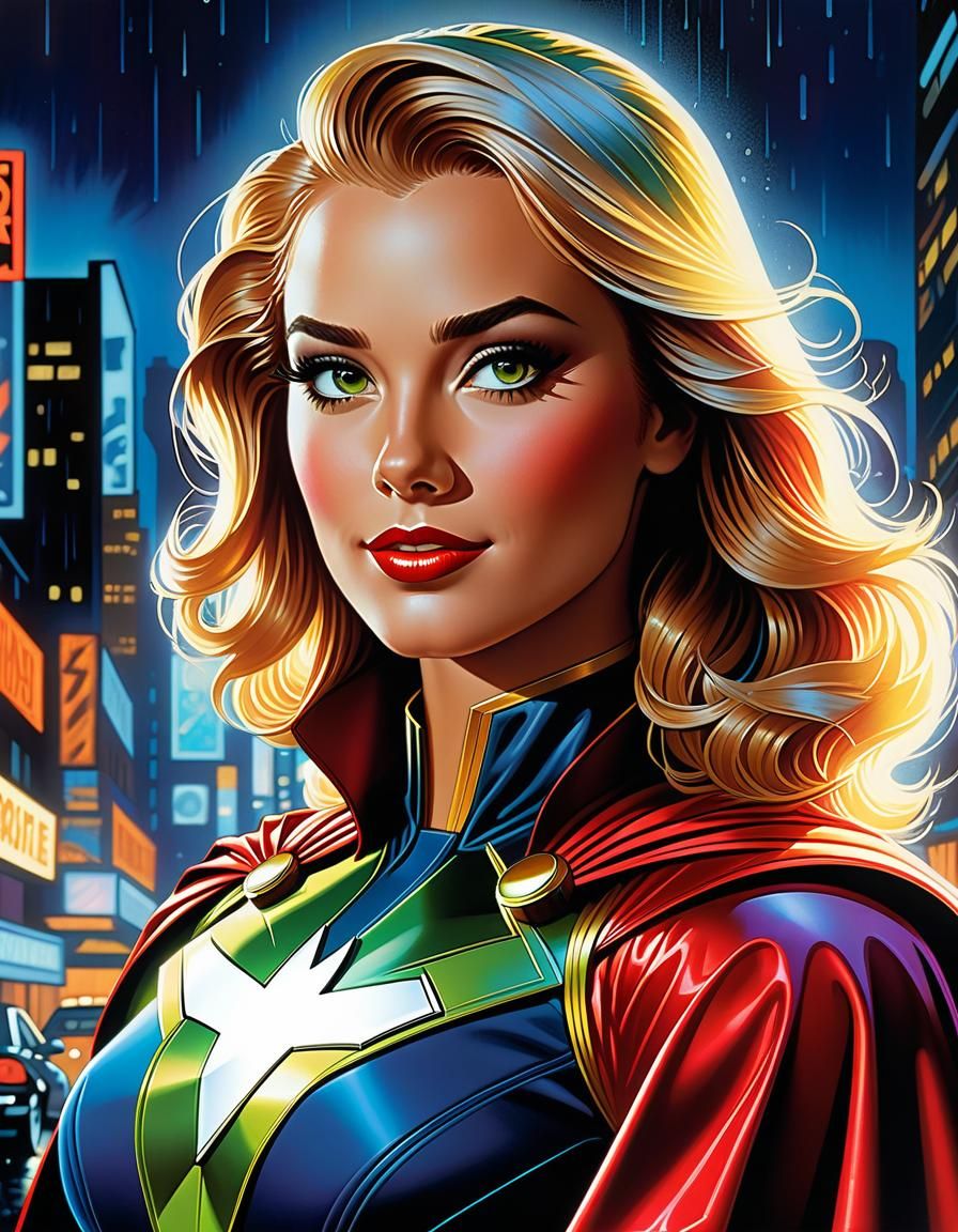 Retro 80s Cartoon Super Heroine in Chromolithography