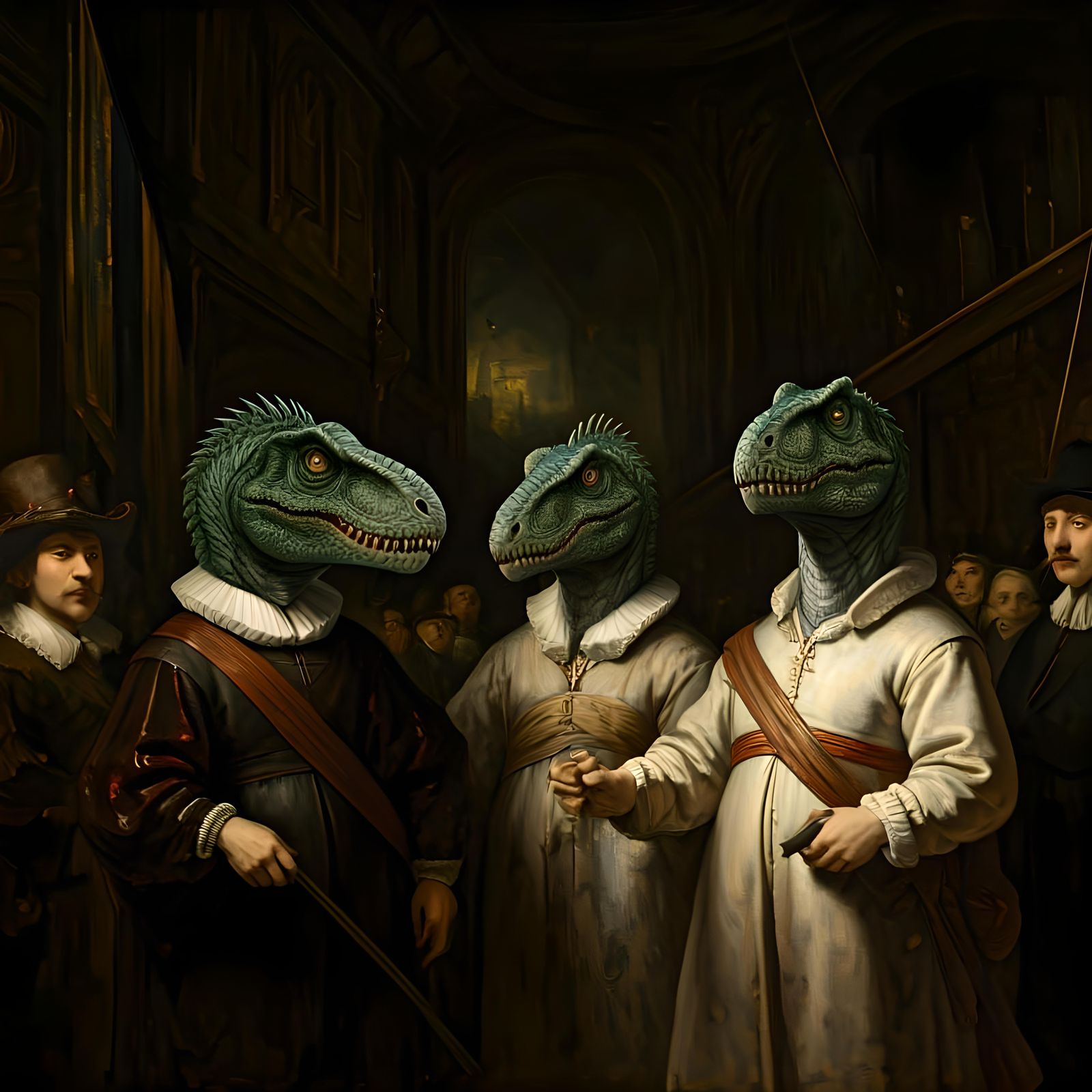 Dinosaur Night Watch: Rembrandt Inspired Art