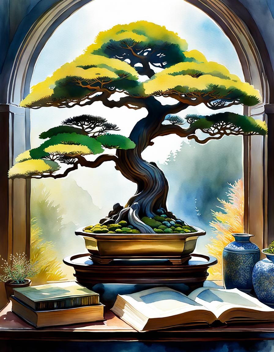 Magical Bonsai Double Exposure Watercolor Landscape