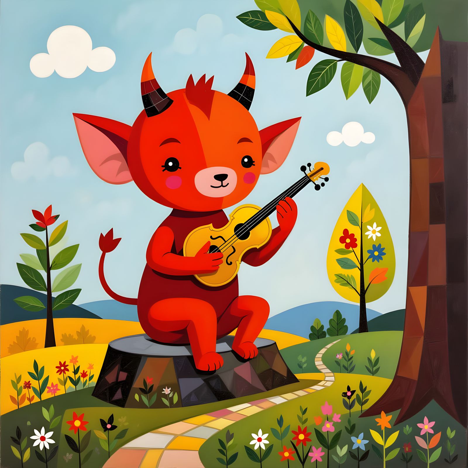 Cute Devil Fiddles on Tree Stump in Whimsical Style