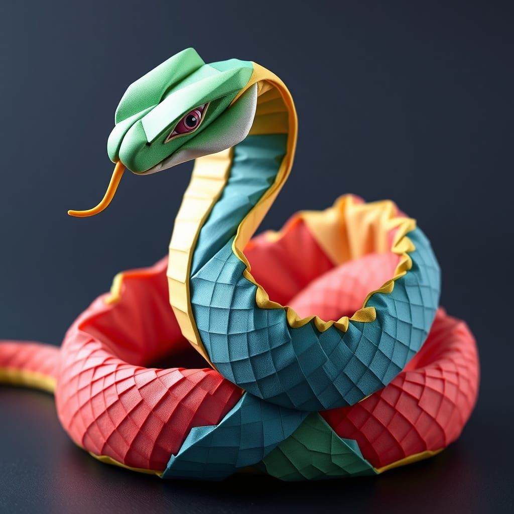 Vibrant 3D Snake Origami in Pixar Style