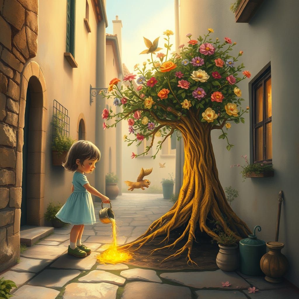 Girl Waters Magic Tree Mural in Whimsical Alley