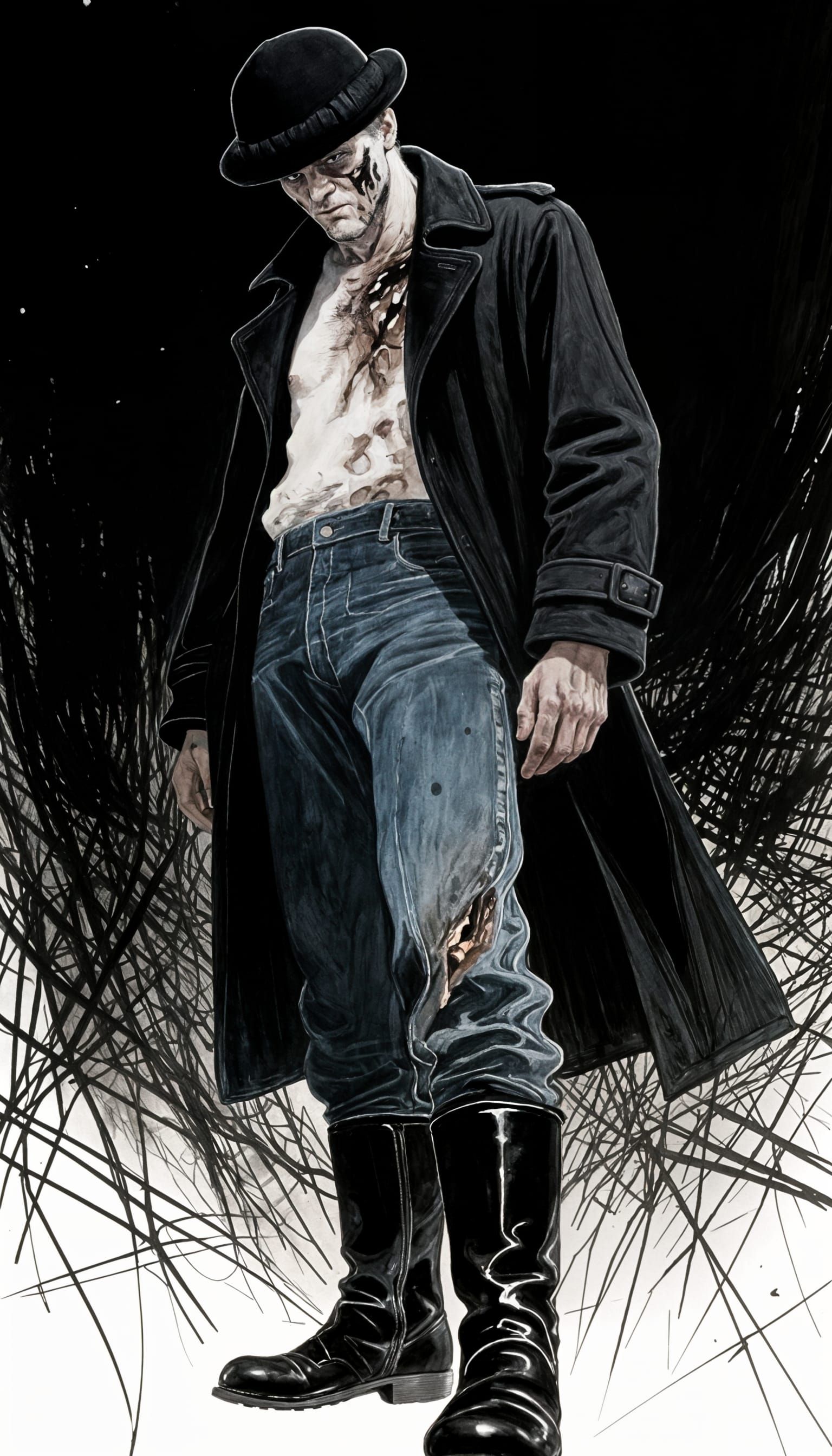 Grim Burned Man in Low-Angle Ink and Watercolour Illustratio...