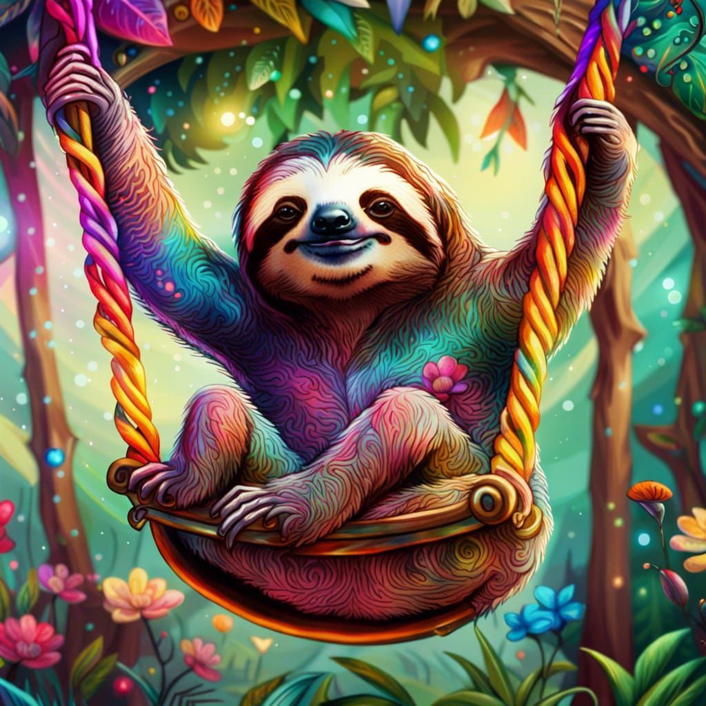 Colorful Sloth on Garden Swing, Astral Illustration
