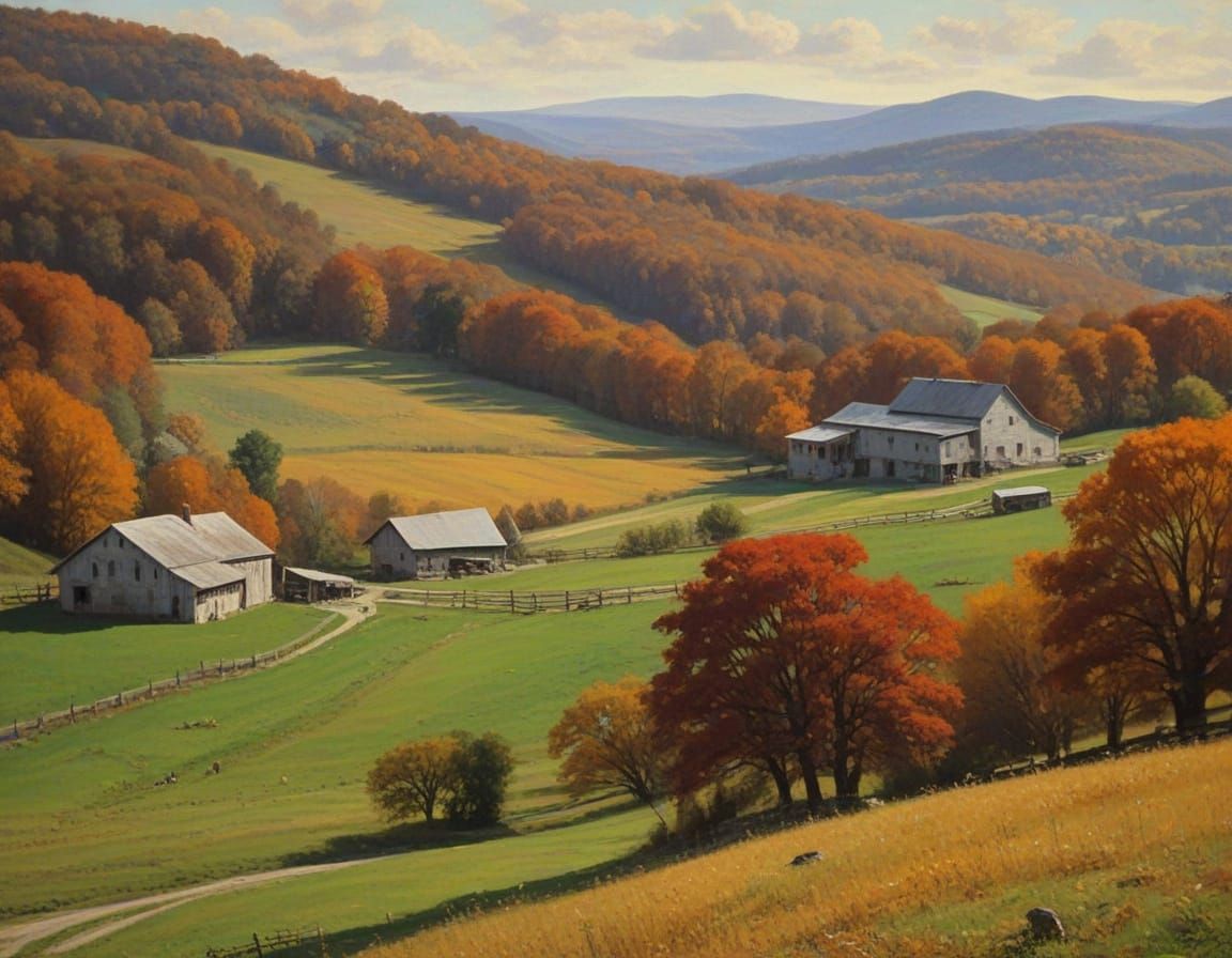 Autumn Farm Landscape in Bouguereau Oil Painting Style