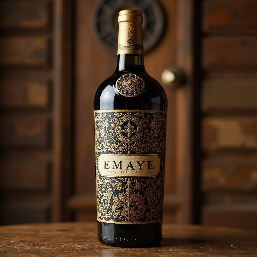 Elegant Historic Wine Bottle with Intricate Etchings and Gol...