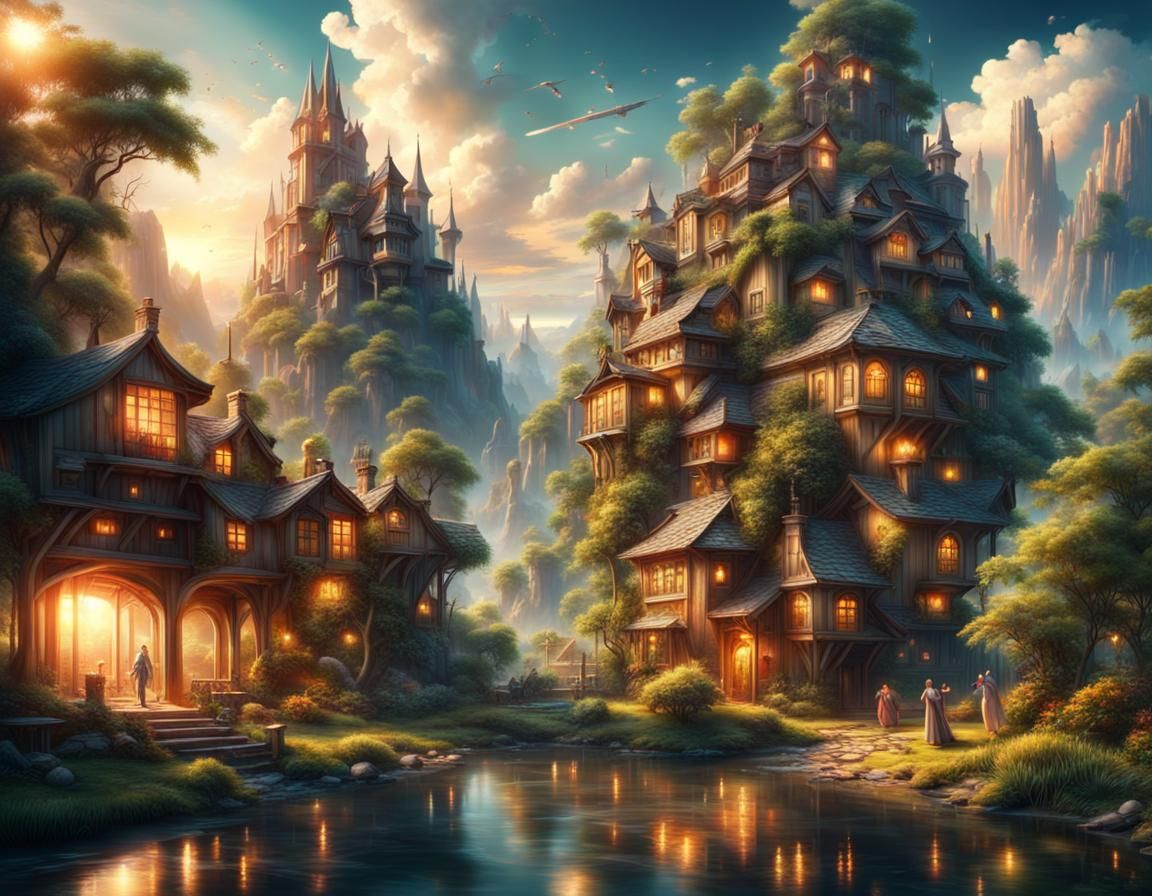 Peaceful Village in Utopian Landscape: Digital Matte Paintin...