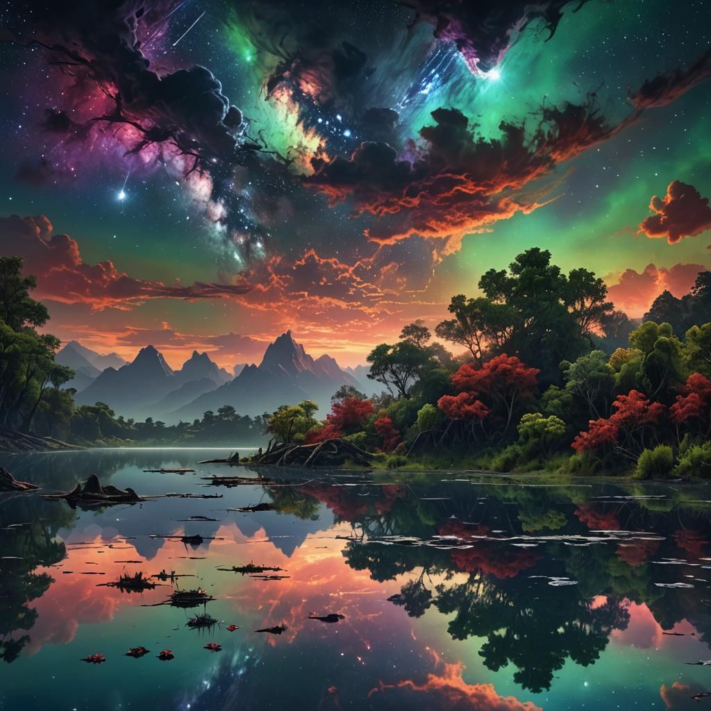 Night Reflections: Galaxy Lake Digital Painting