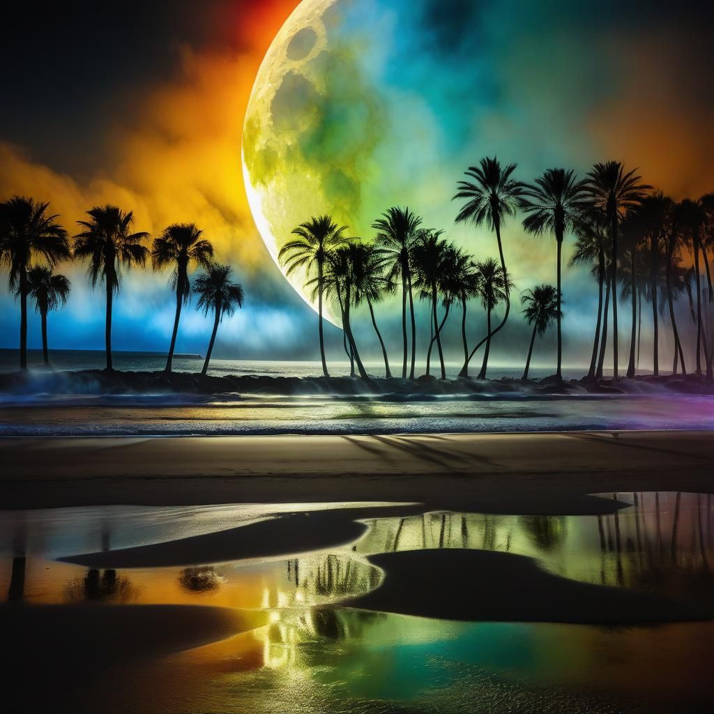 Bioluminescent Beach in Stained Glass Style