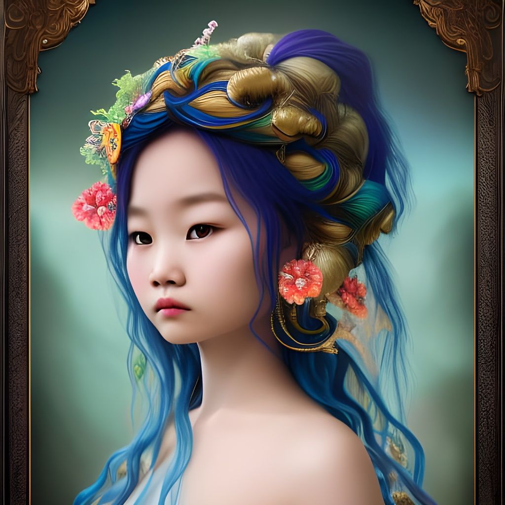 Elegant Hmong Girl with Blue Hair, Art Nouveau