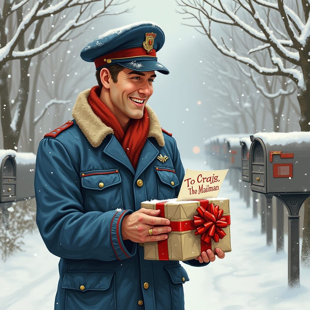 Mail Carrier Delighted to Discover Gift in Snowy Winter Scen...