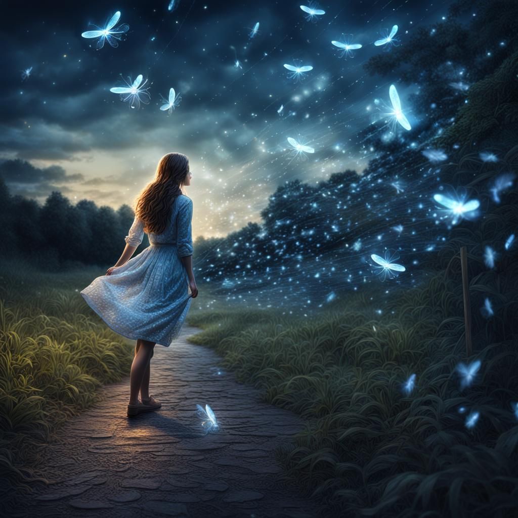 Fireflies Circle Woman in Hyperrealistic Night Scene