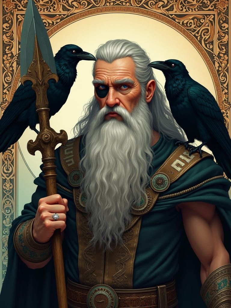 Mystical Warrior Odin with Ravens and Ancient Runes in Celti...