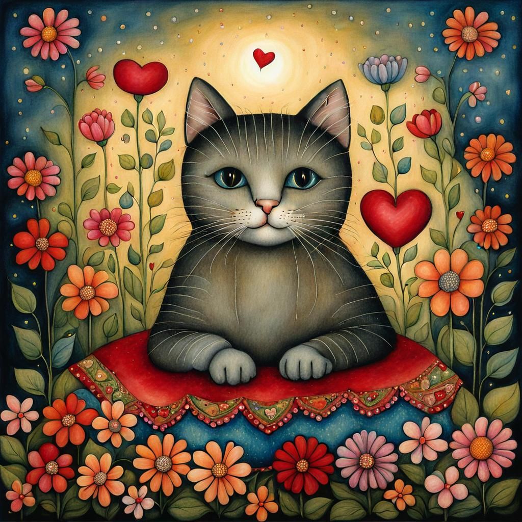 Cat on Pillow Surrounded by Flowers in Childlike Style