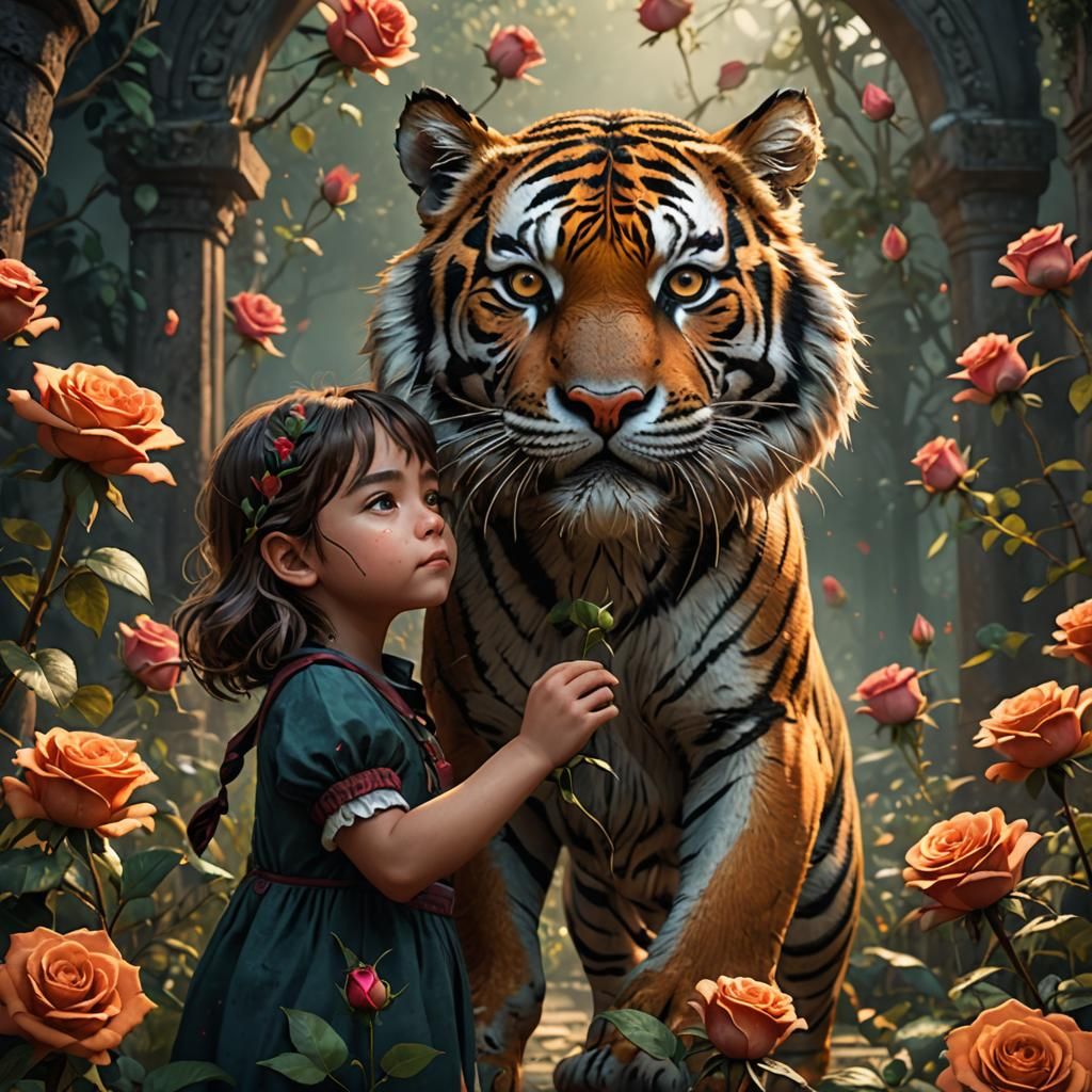 Girl Smells Rose, Transforms into Tiger: Digital Art