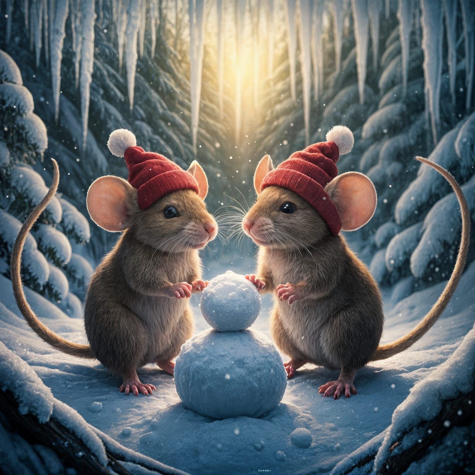 Two Comical Mice Engage in Snowball Fight Under Winter Trees