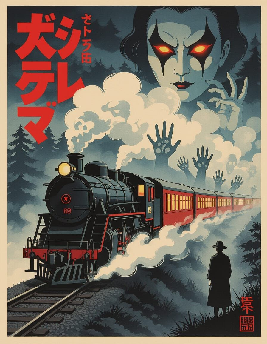 Ghost Train in Retro Manga Horror Style