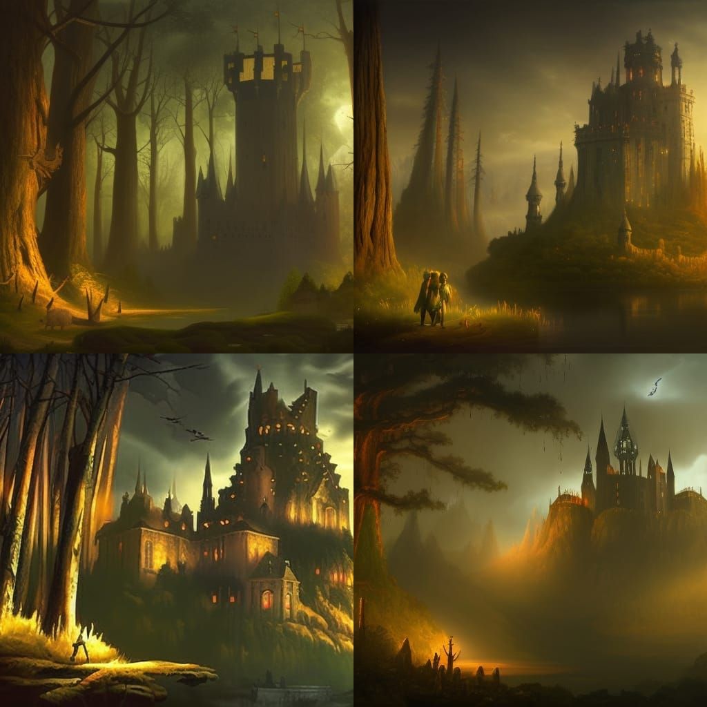 Dark Fantasy Castle in Forest, Hyperdetailed Art