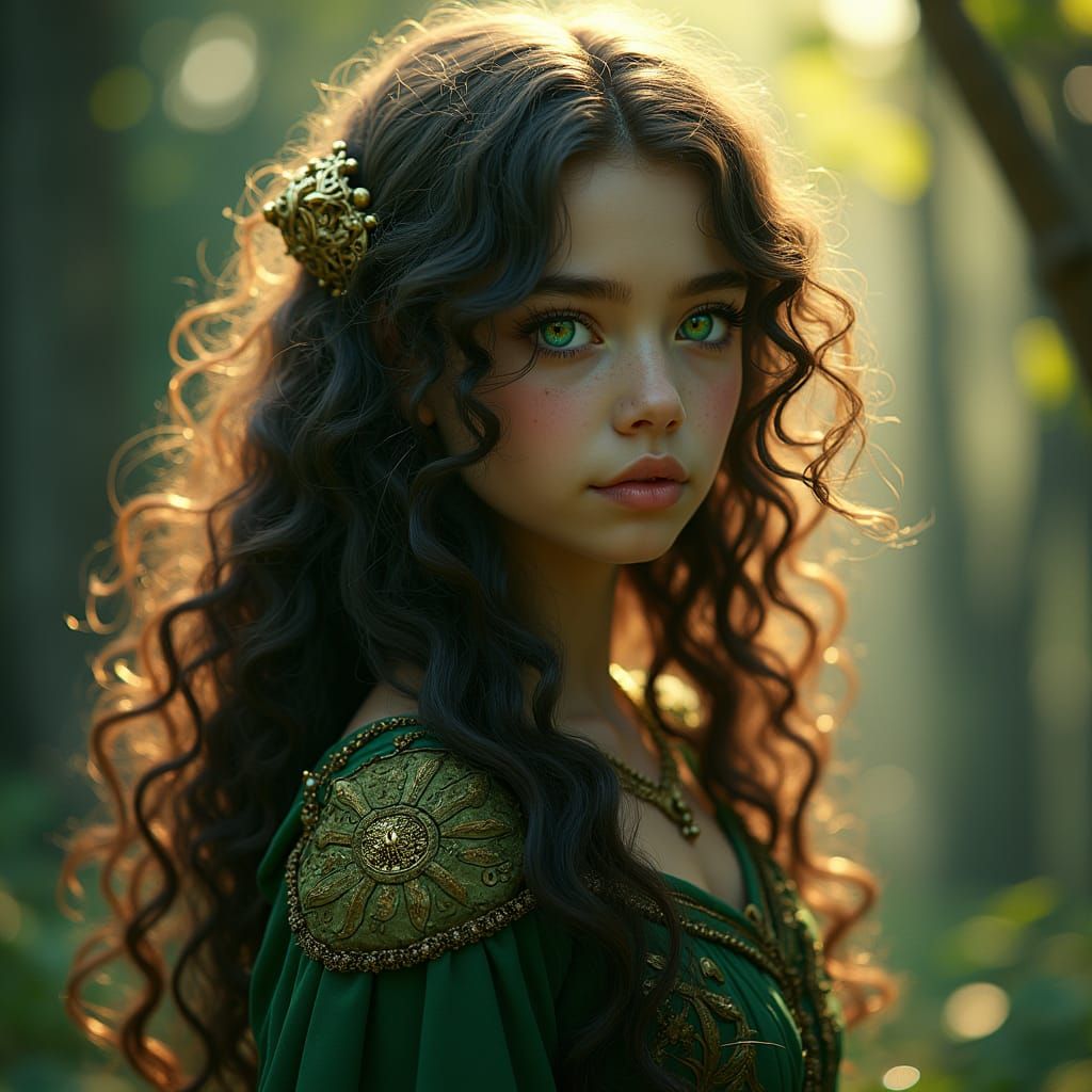 Enchanted Fantasy Girl with Lush Locks and Emerald Eyes