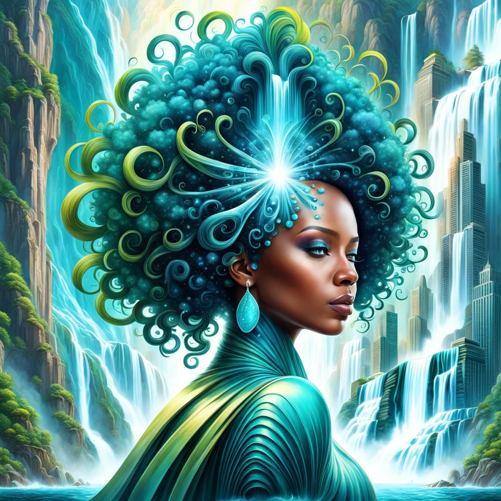 Surreal Teal Afro Woman with Waterfalls