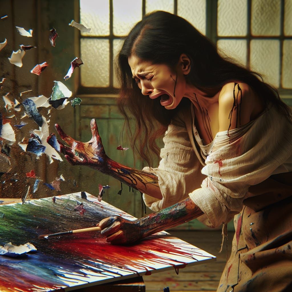Emotional Artist Destroys Painting in Art Studio