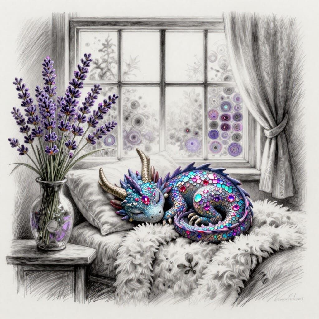Tiny Dragon Sleeping in Charcoal Sketch Style