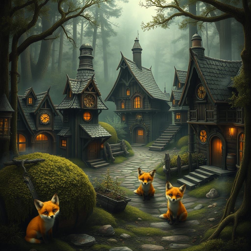 Steampunk Village in Enchanted Forest with Clockwork Cottage...