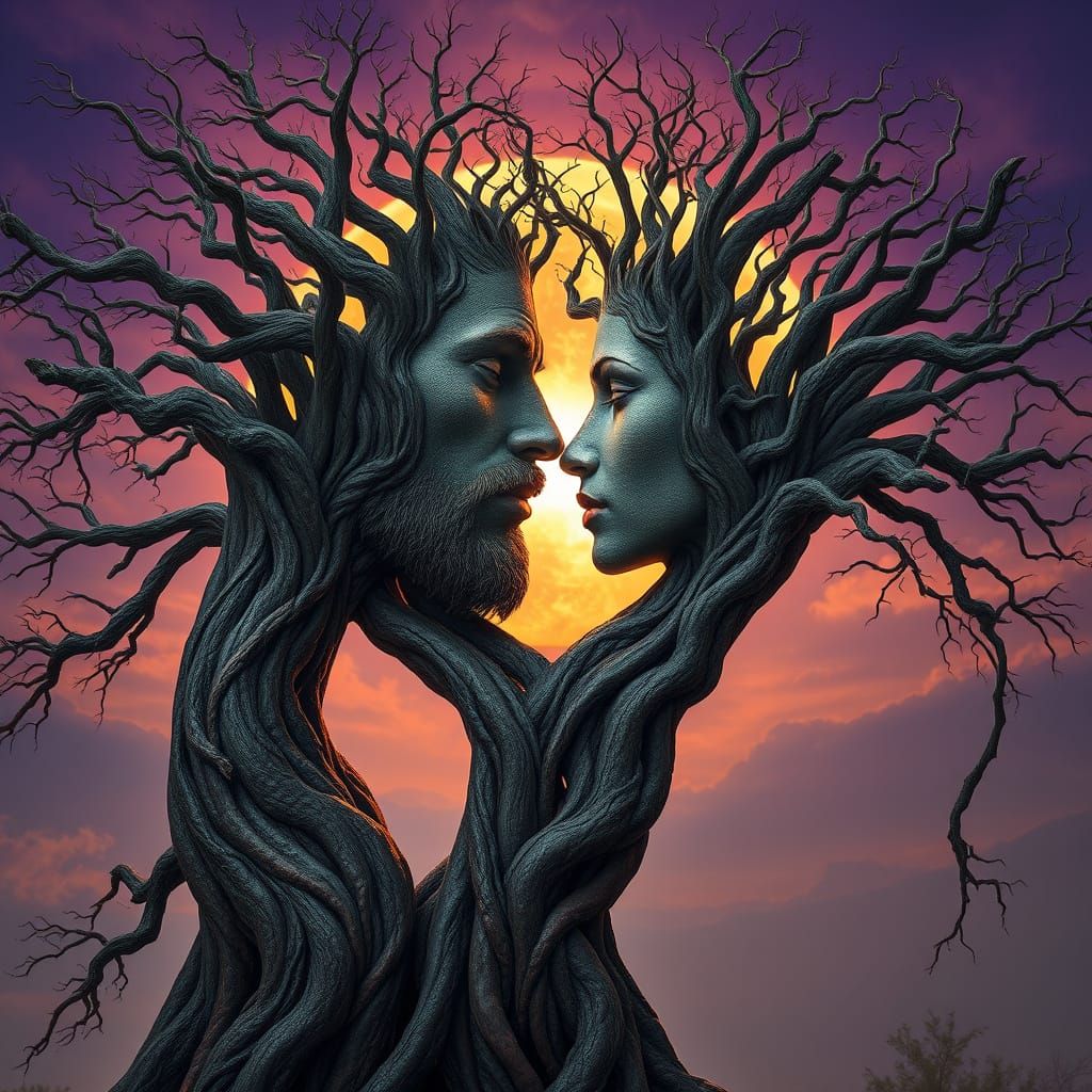 An enchanting, surreal scene featuring two large, ancient tr...