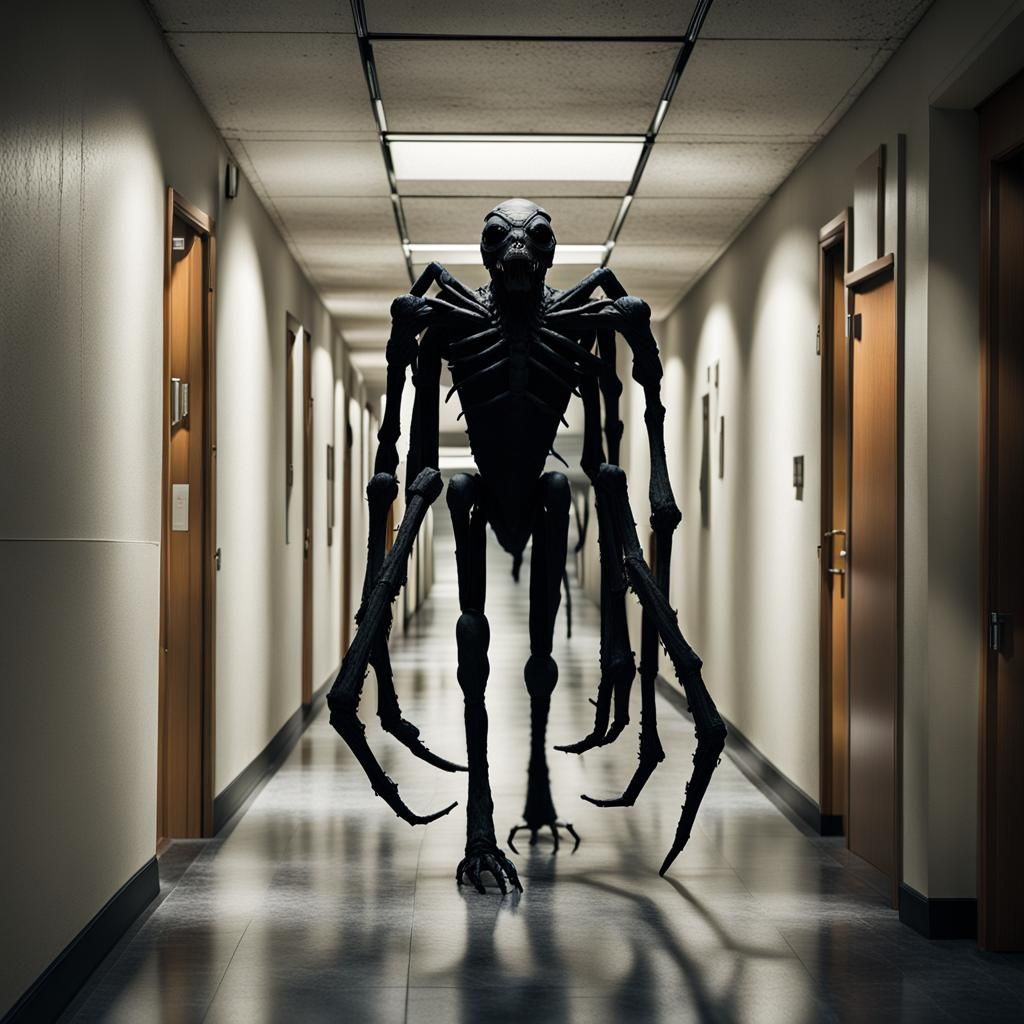 Giant Arachnid in Dimly Lit Corridor