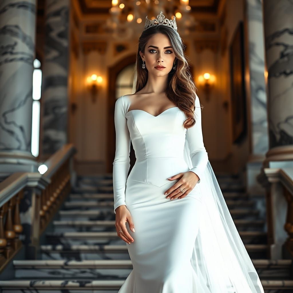 Elegant Bride in Royal Wedding Gown on Palace Stairs