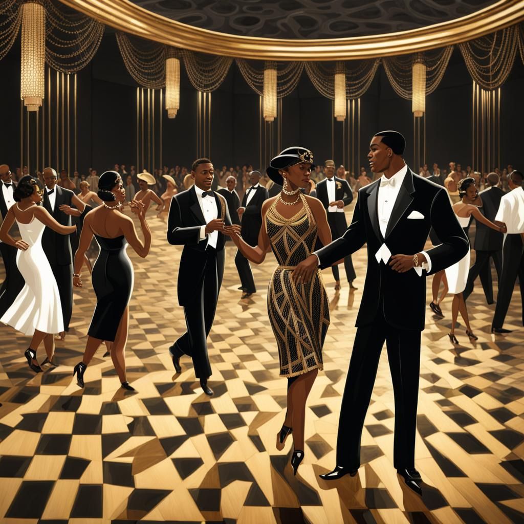 1950s Ballroom Scene with Black Glass Walls