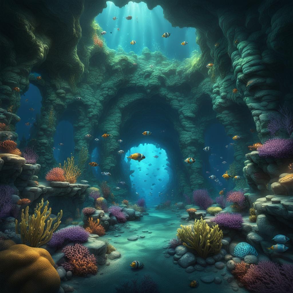 Underwater Cavern: Detailed Matte Painting in Deep Color