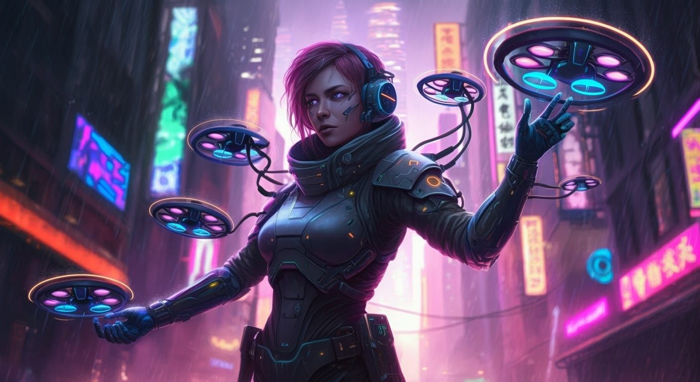 Cyberpunk Drone Wrangler in a neon-lit urban setting.