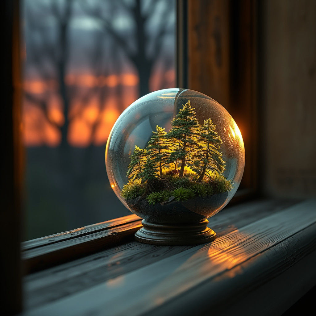 Miniature Forest in Glass Globe at Sunset