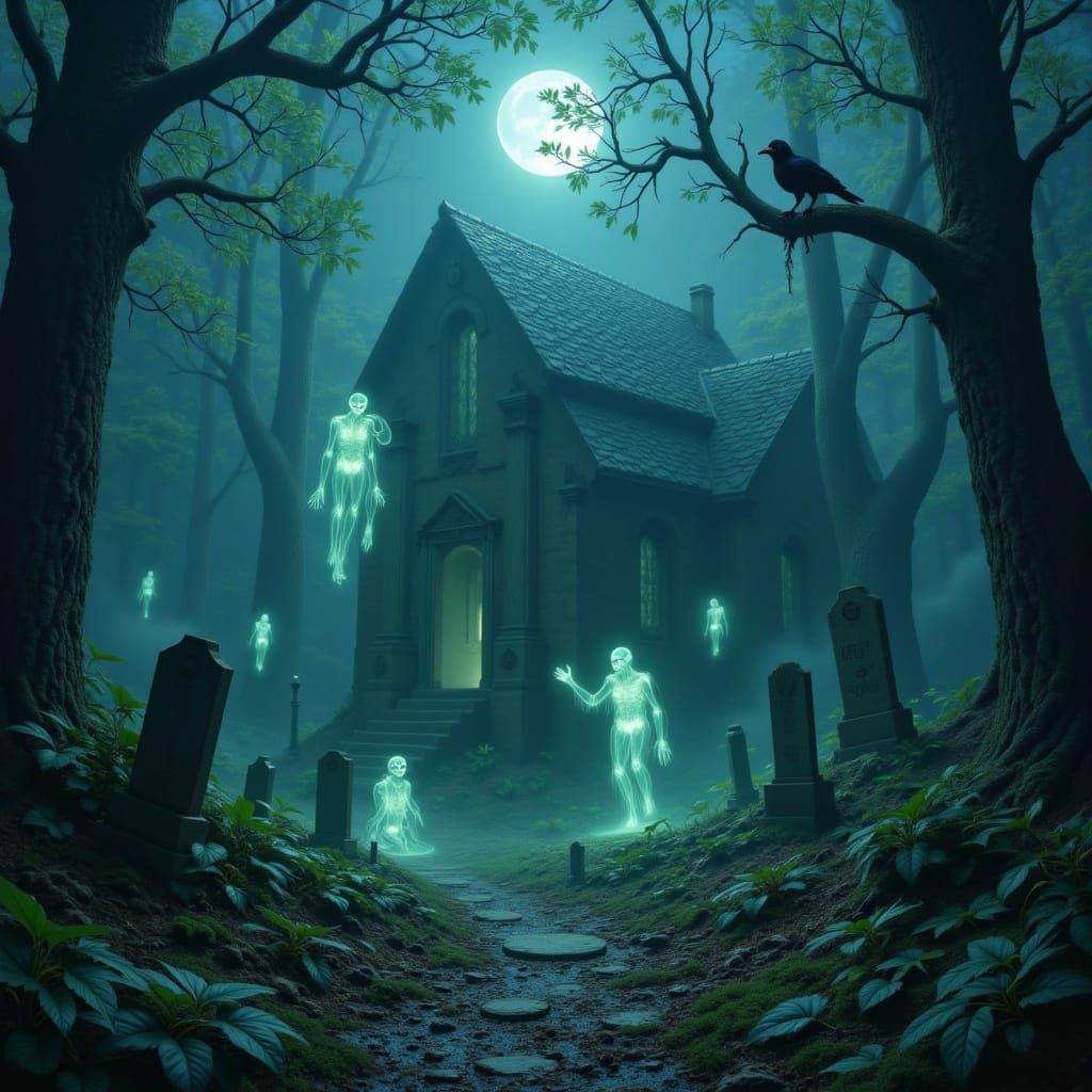 Ethereal Spirits in a Haunted Forest at Midnight