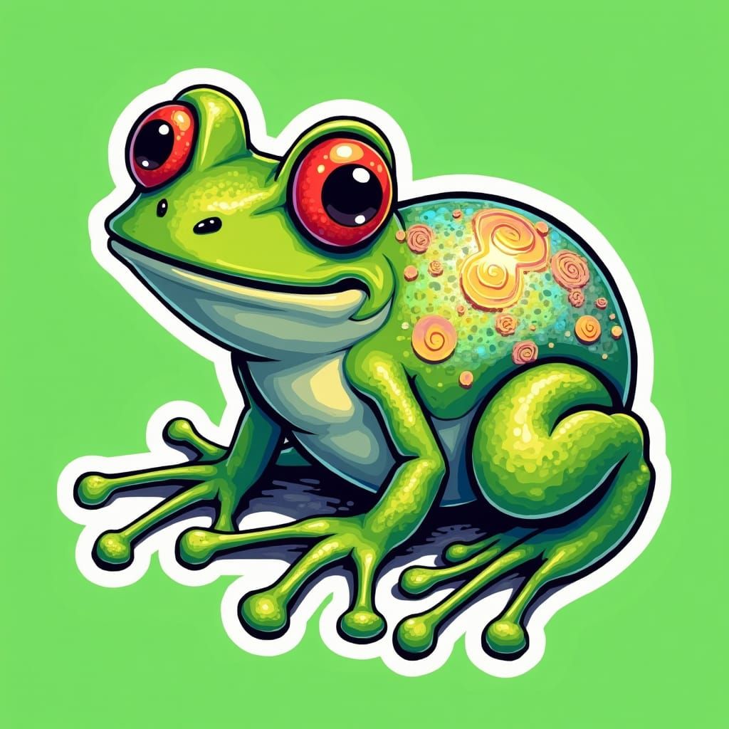 Cartoon Frog with Swirling Patterns, Clip Art Style