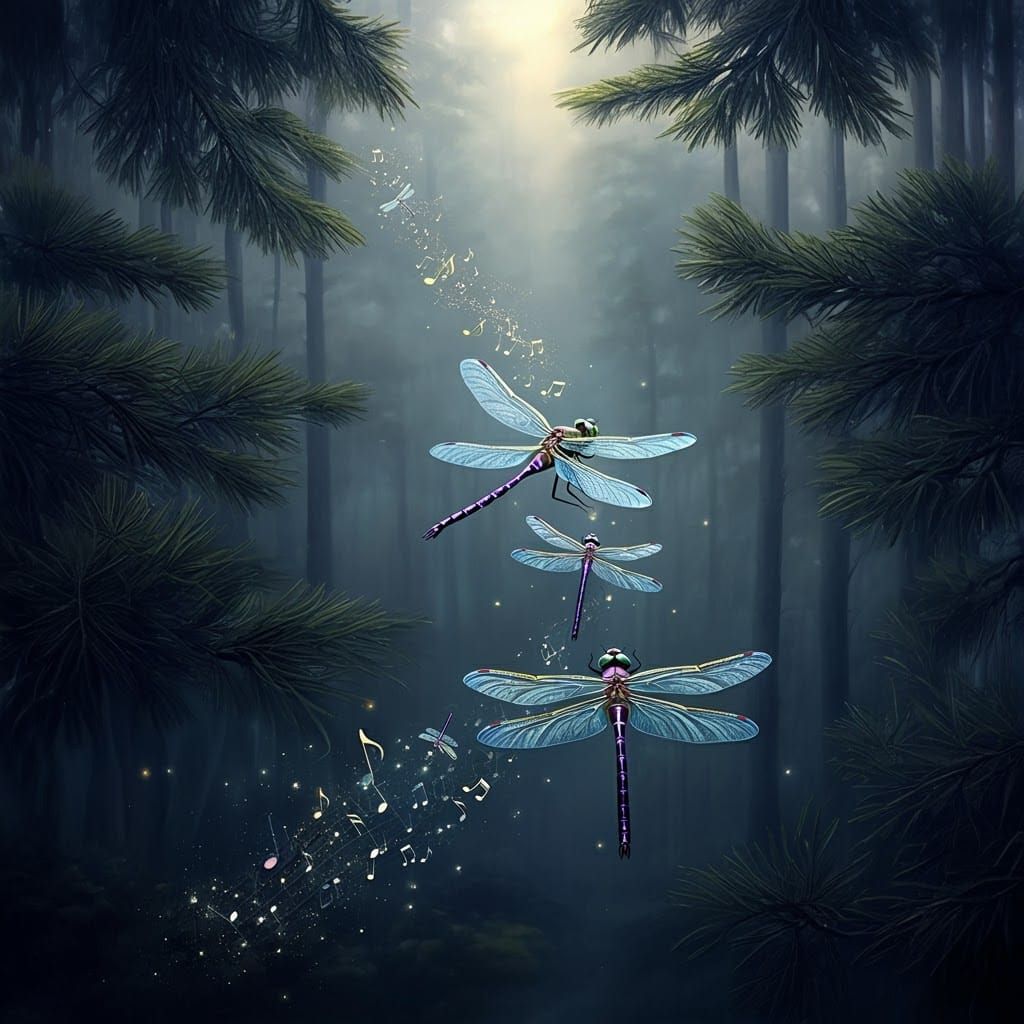 Dragonflies Weaving Musical Notes in Misty Forest