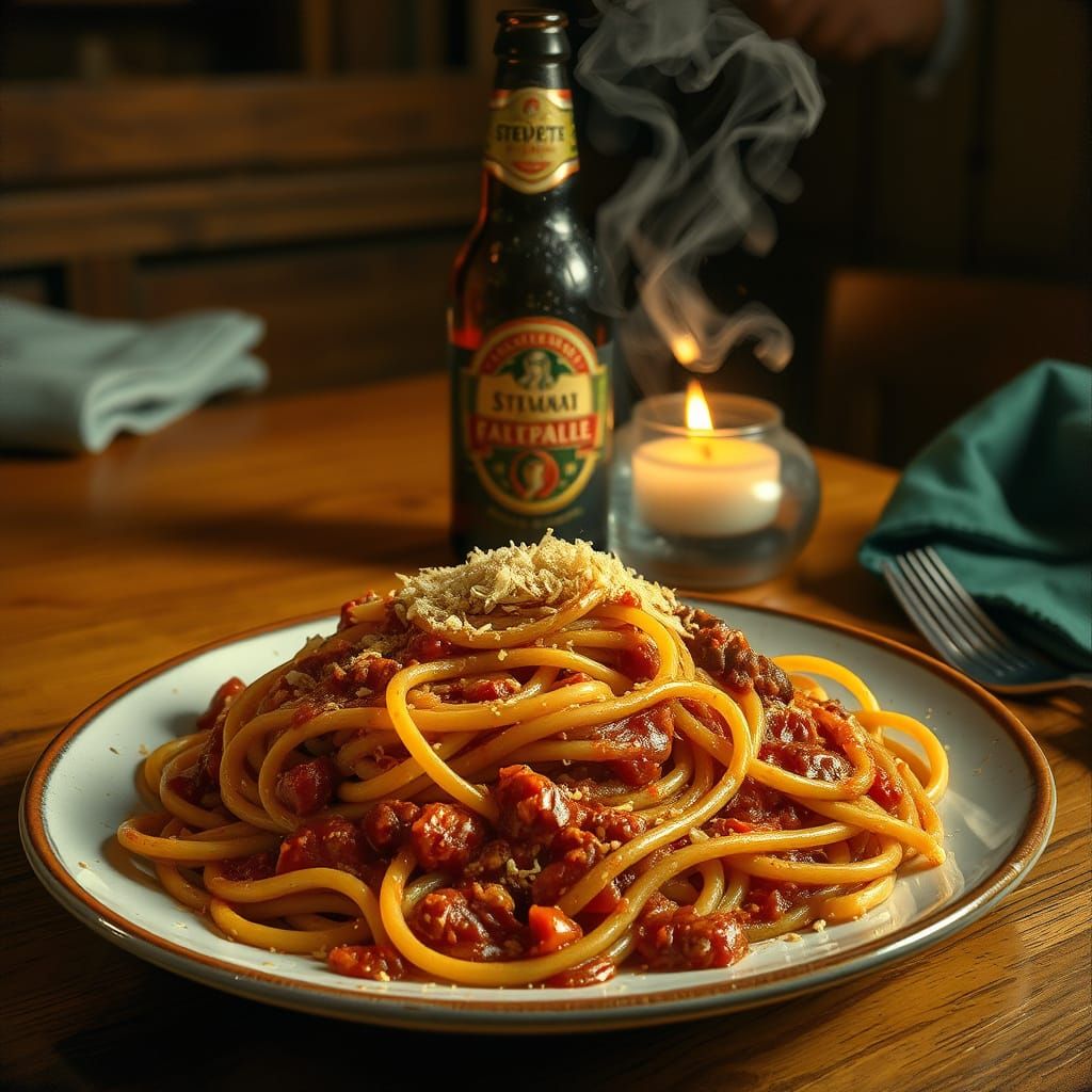 Italian Trattoria Scene with Spaghetti and Beer