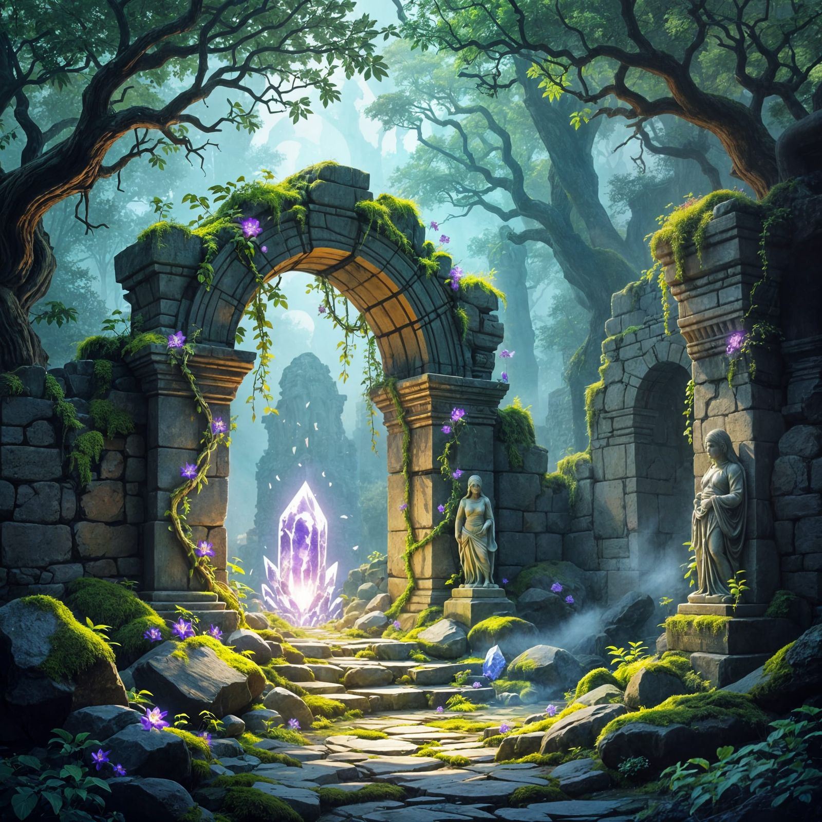 Enchanted Forest Ruins in a Digital Painting