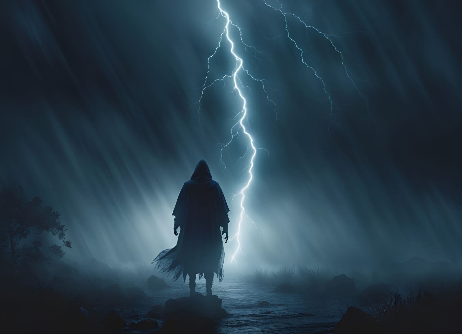 Eerie Figure in Misty Dark Landscape: Horror