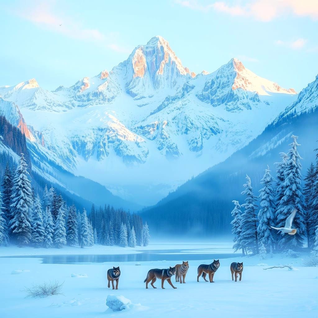 Majestic Snowy Landscape with Wolves and Frozen Lake