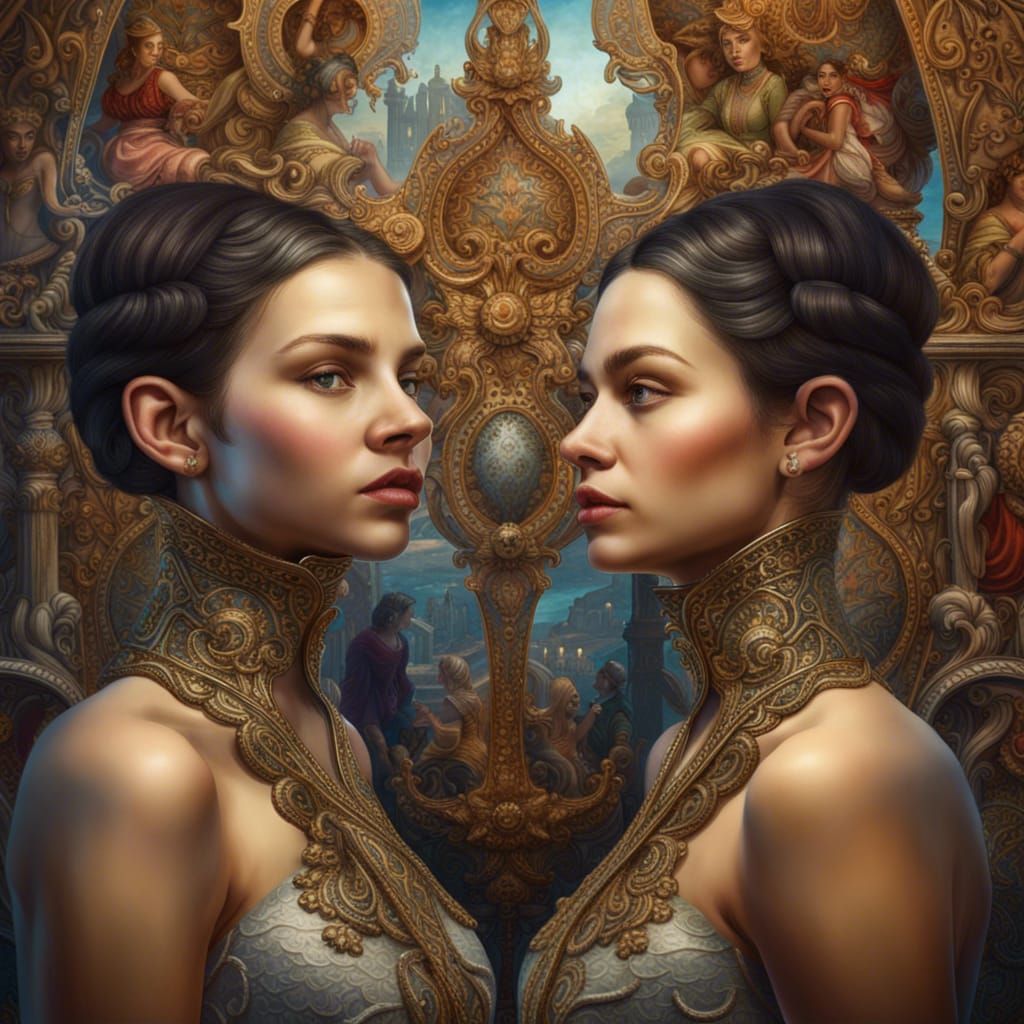 Surreal Women Emerging from Antique Mirror, Detailed Matte P...
