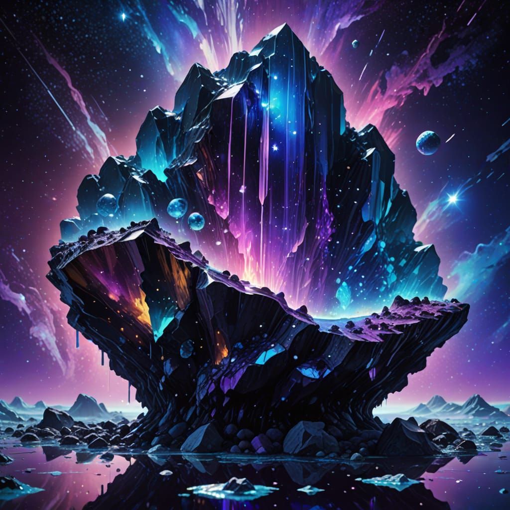 Cosmic Fountain on Glass Asteroid in Space