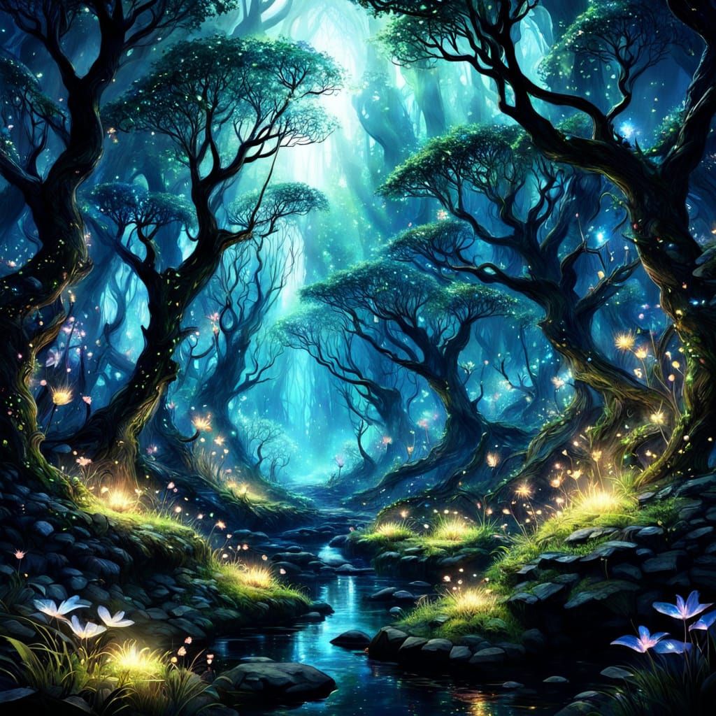 Enchanted Magical Forest with Glittering Fireflies