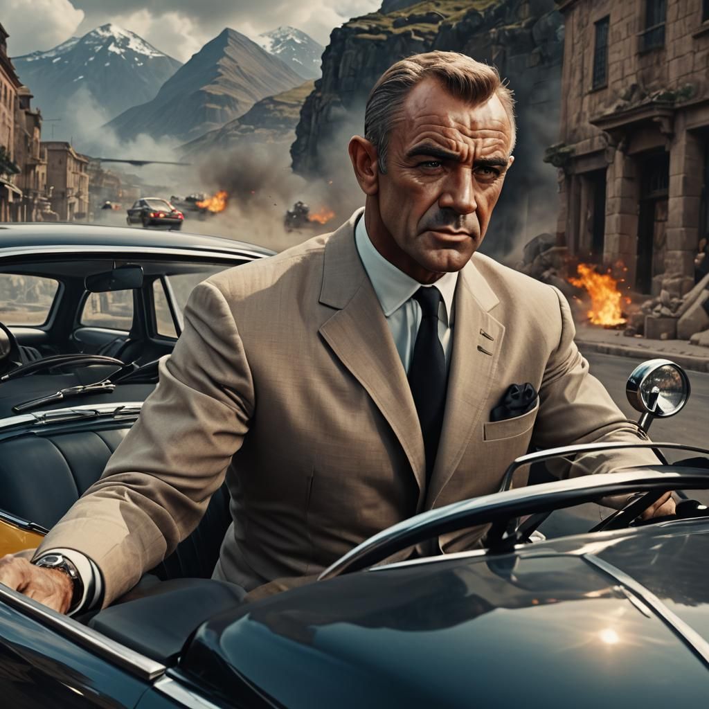 Sean Connery as James Bond Driving: 8K Portrait