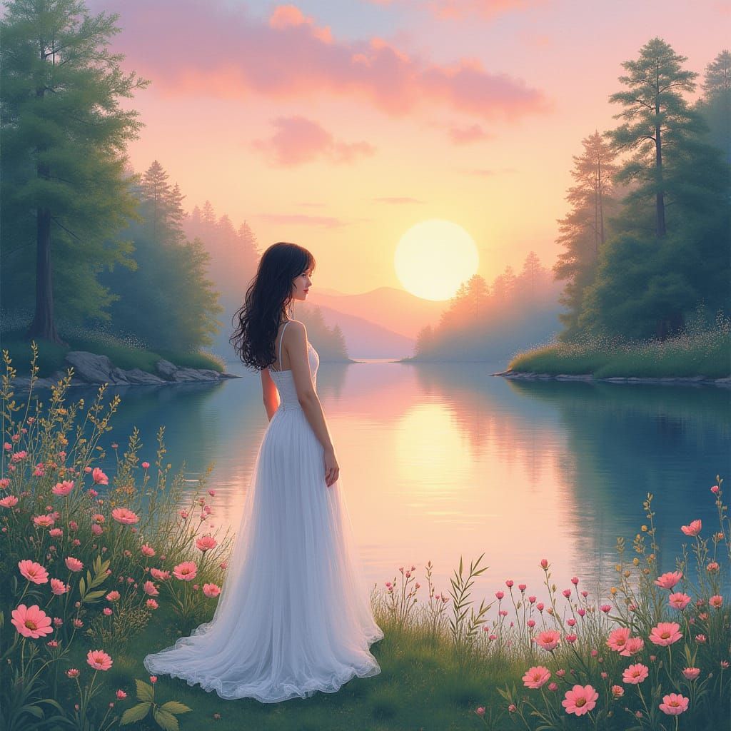 Dreamy Watercolor Sunrise Over Tranquil Lake