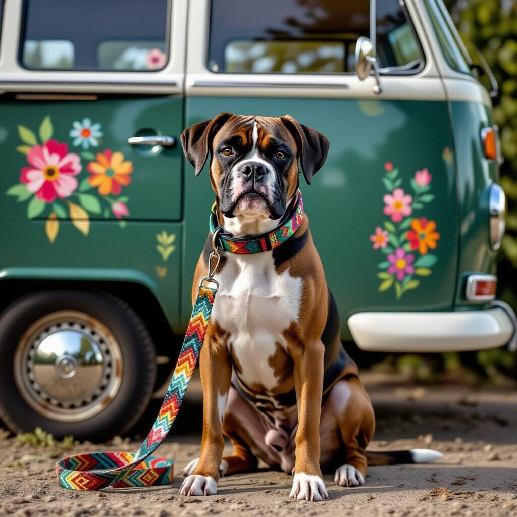 Boxer Dog in Front of Vintage Van, Retro Style