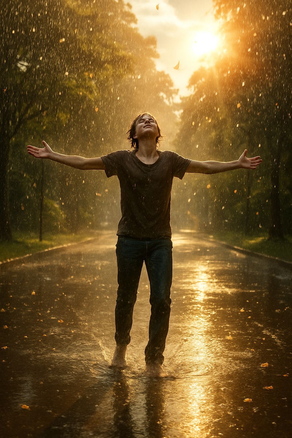 Euphoric Figure Embraces Summer Rain, Photorealistic