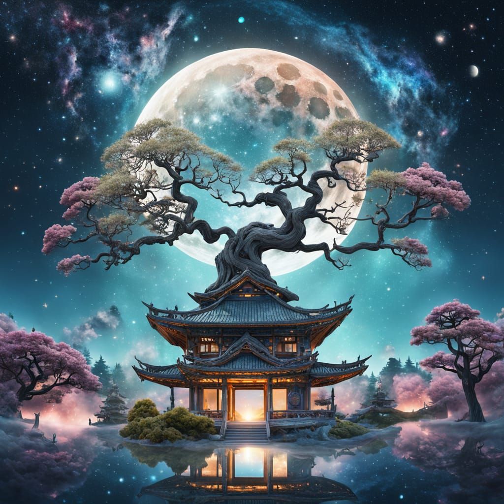 Cosmic Galaxy Merges with Surreal Bonsai Garden