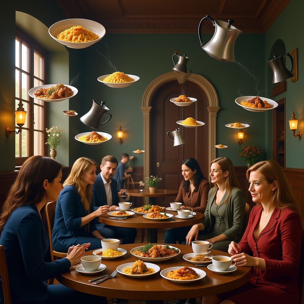 Magical Floating Cafe with Levitating Food and Drinks